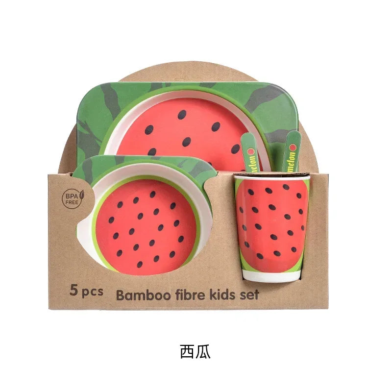 Bamboo Kids Tableware Set – Eco-Friendly Cartoon 5-Piece Gift