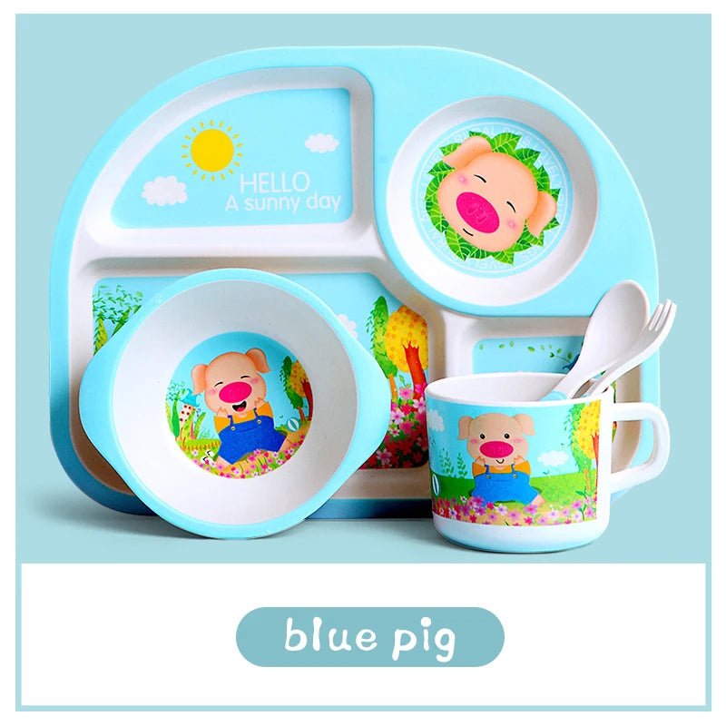Eco-Friendly Kids Tableware Set - Fall-Proof Bamboo Plates with Non-Slip Design & Fun Patterns