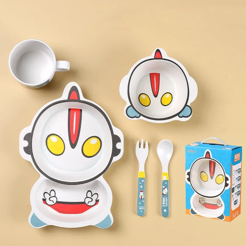 Bamboo Fiber Cartoon Dinosaur Baby Dinnerware Set - Eco-Friendly Feeding Plates, Bowls, and Utensils