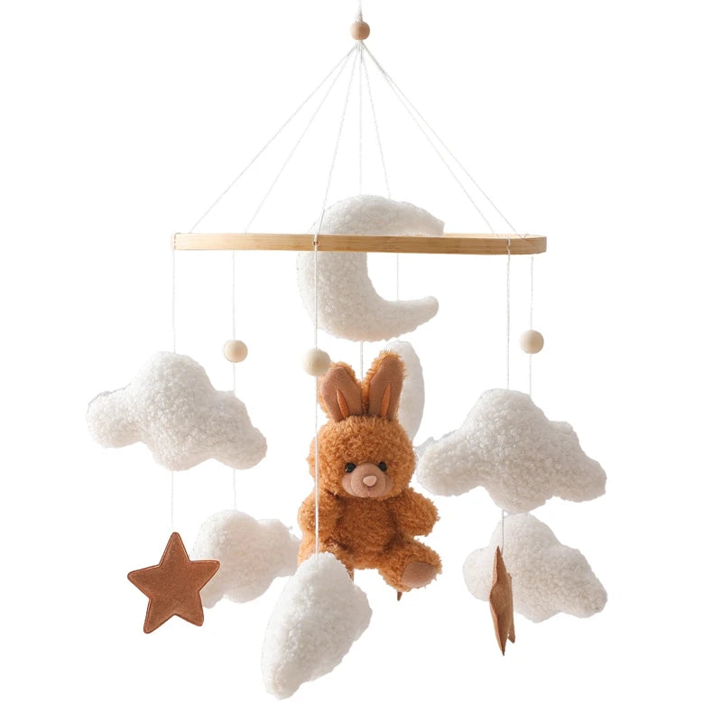Wooden Baby Crib Mobile with Teddy Bear & Rabbit – Musical Rattle Toy