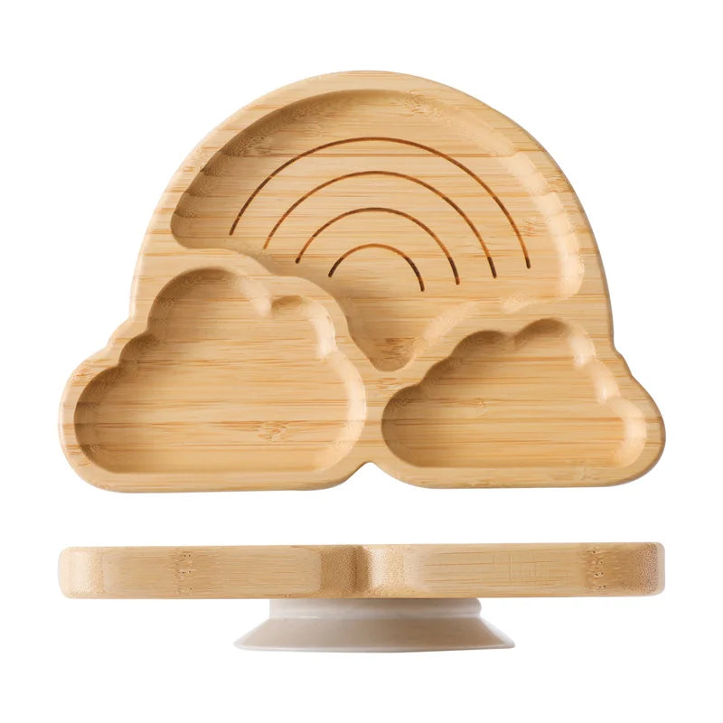 Eco-Friendly Baby Wooden Tableware Set: Bamboo Plates, Bowls & Silicone Suction Forks/Spoons for Safe Feeding