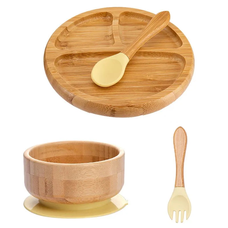 Bamboo Kids Tableware Set – 4pcs Suction Plate, Bowl & Utensils