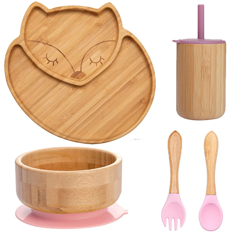 Bopoobo 5-Piece Bamboo Baby Tableware Set - BPA Free, Suction Plates, Eco-Friendly, Perfect for Weaning!