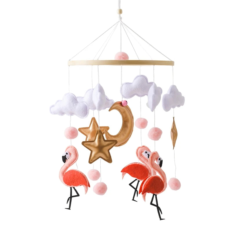 Wooden Crib Mobile with Flamingo Dolls – Baby Bed Bell Rattle Toy