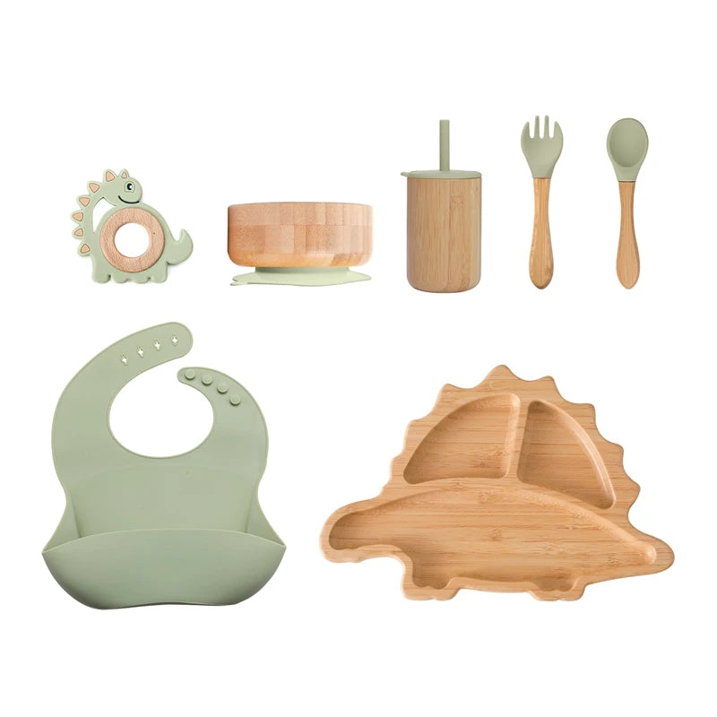 Eco-Friendly 7-Piece Bamboo & Silicone Baby Feeding Set - Safe, Non-Toxic Dinnerware for Kids