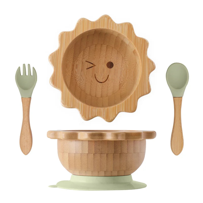Eco-Friendly Baby Wooden Tableware Set: Bamboo Plates, Bowls & Silicone Suction Forks/Spoons for Safe Feeding