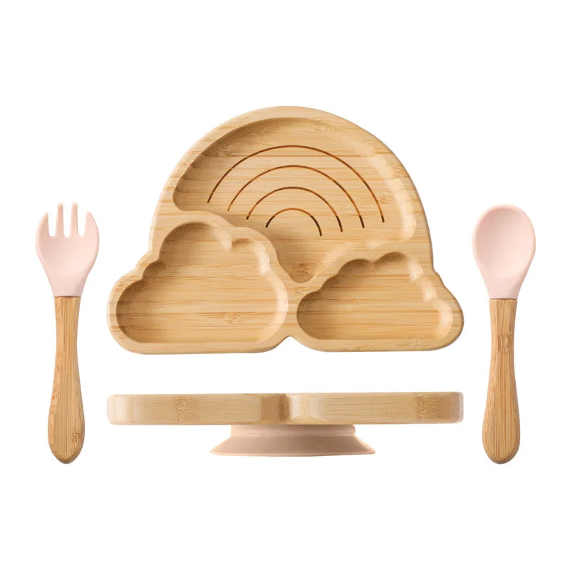 Eco-Friendly Baby Wooden Tableware Set: Bamboo Plates, Bowls & Silicone Suction Forks/Spoons for Safe Feeding