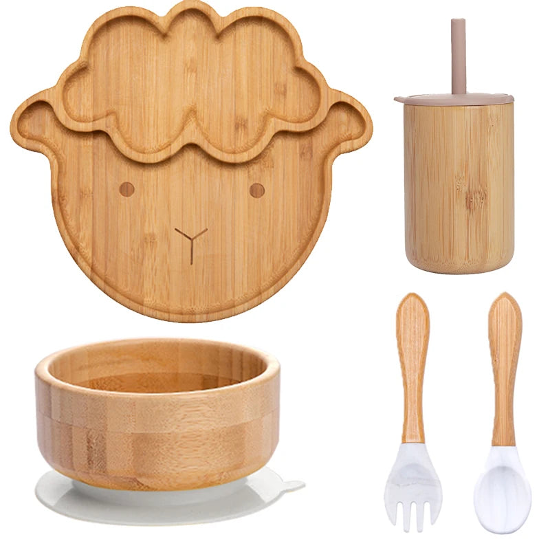 Bopoobo 5-Piece Bamboo Baby Tableware Set - BPA Free, Suction Plates, Eco-Friendly, Perfect for Weaning!