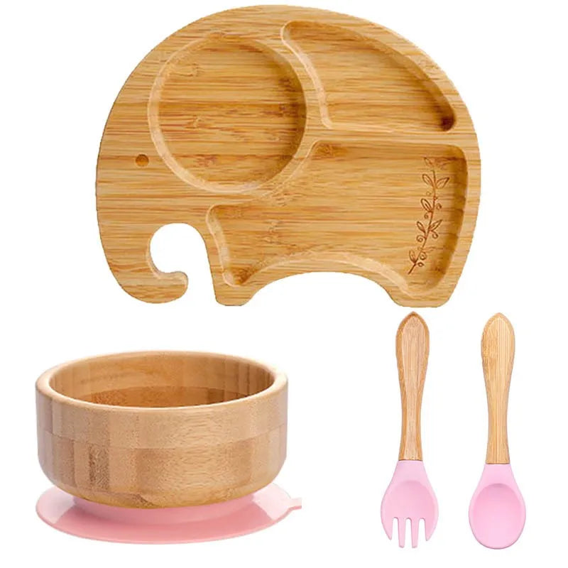 Bamboo Kids Tableware Set – 4pcs Suction Plate, Bowl & Utensils