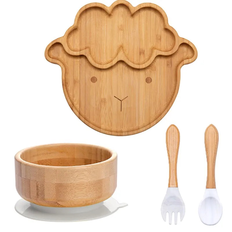Bamboo Kids Tableware Set – 4pcs Suction Plate, Bowl & Utensils