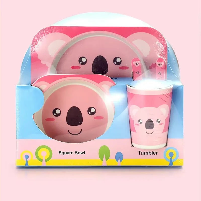 Bamboo kids dinnerware set with cartoon koala design including bowl, plate, tumbler, and utensils, made from eco-friendly bamboo fiber.