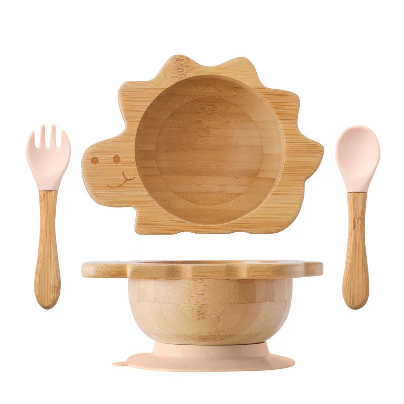 Eco-Friendly Baby Wooden Tableware Set: Bamboo Plates, Bowls & Silicone Suction Forks/Spoons for Safe Feeding