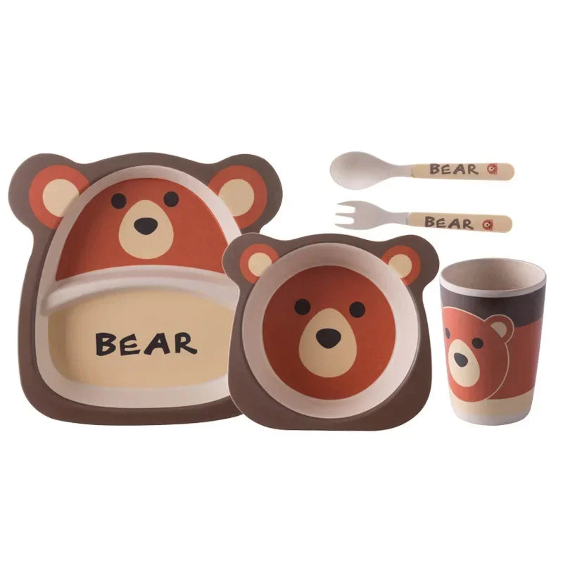 Bamboo Kids Tableware Set – Eco-Friendly Cartoon 5-Piece Gift
