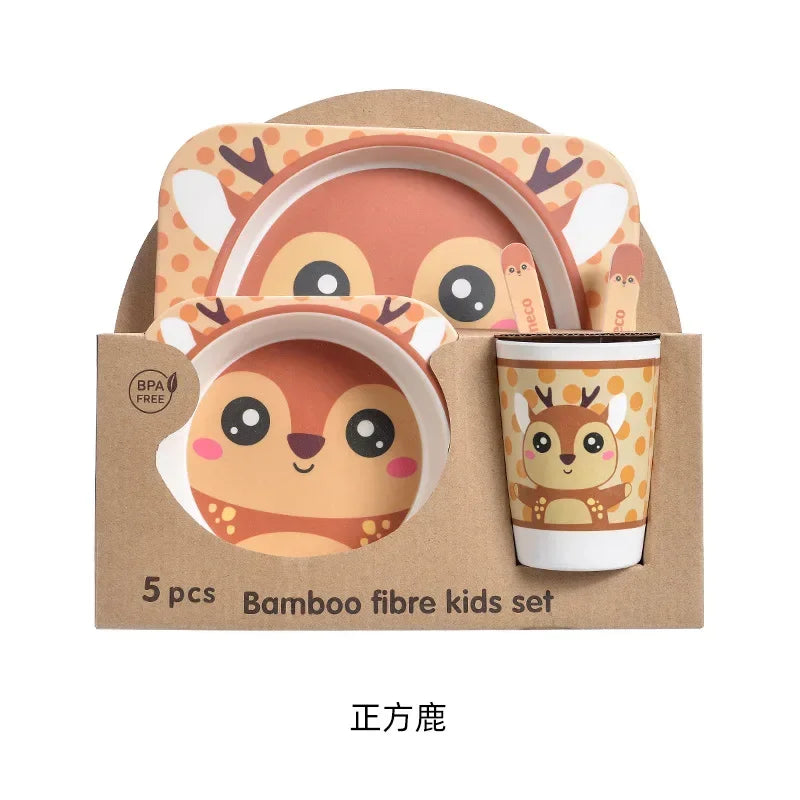 Bamboo Kids Tableware Set – Eco-Friendly Cartoon 5-Piece Gift