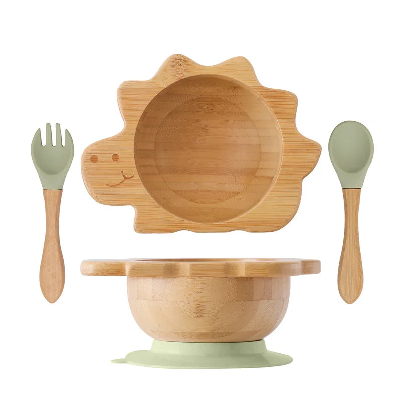 Eco-Friendly Baby Wooden Tableware Set: Bamboo Plates, Bowls & Silicone Suction Forks/Spoons for Safe Feeding