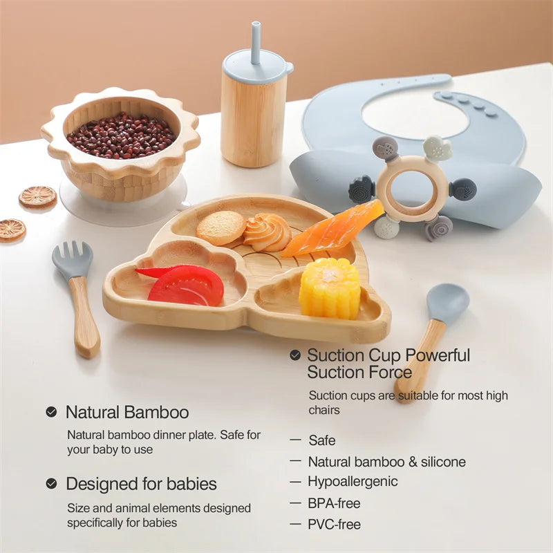 Eco-Friendly 7-Piece Bamboo & Silicone Baby Feeding Set - Safe, Non-Toxic Dinnerware for Kids