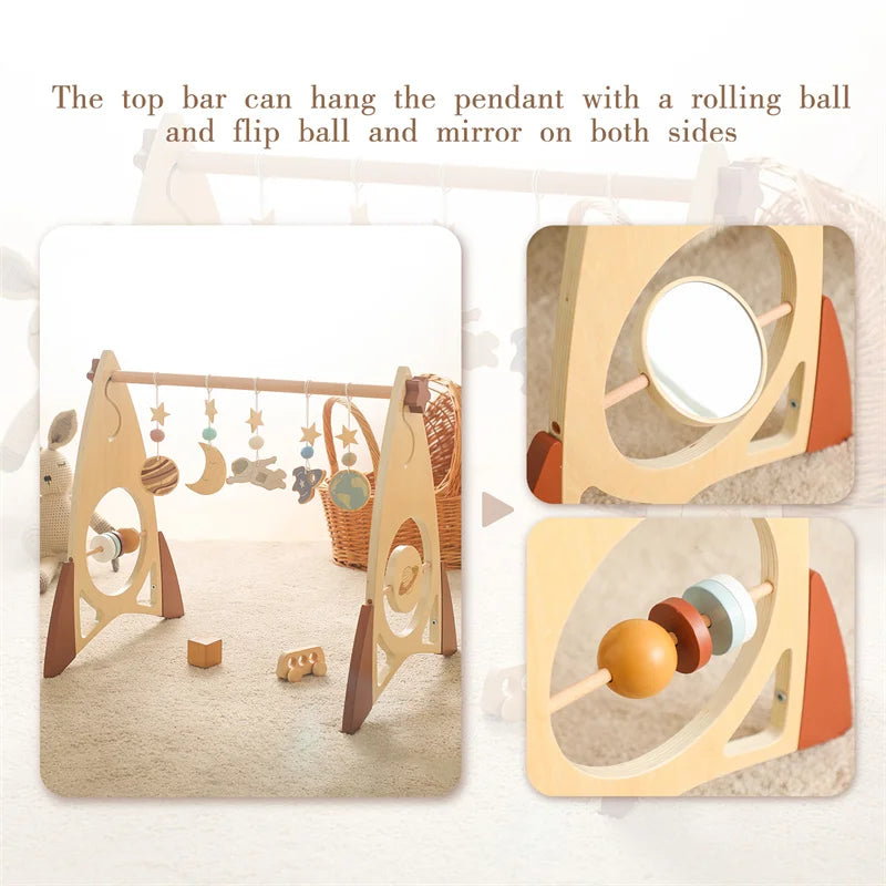 Baby Wooden Gym Frame – Montessori Rocket Activity & Rattle Toy