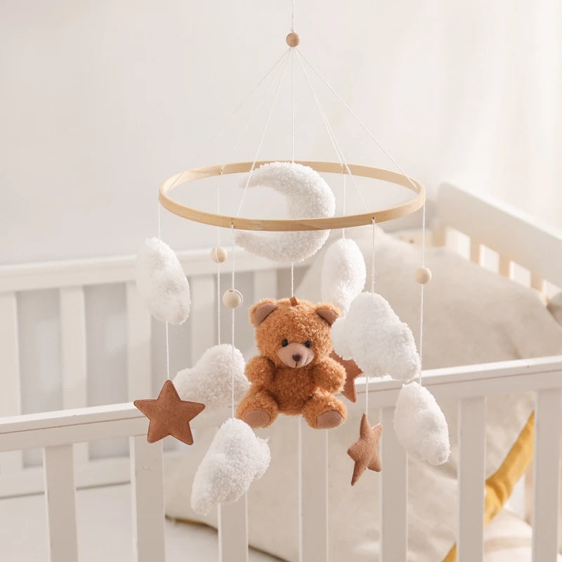 Wooden Baby Crib Mobile with Teddy Bear & Rabbit – Musical Rattle Toy