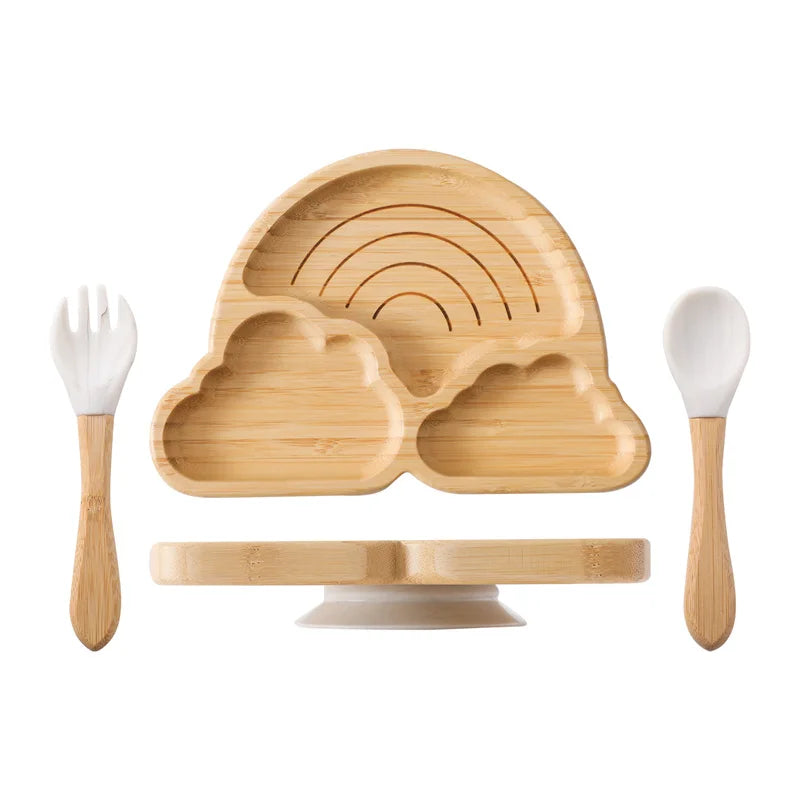 Eco-Friendly Baby Wooden Tableware Set: Bamboo Plates, Bowls & Silicone Suction Forks/Spoons for Safe Feeding