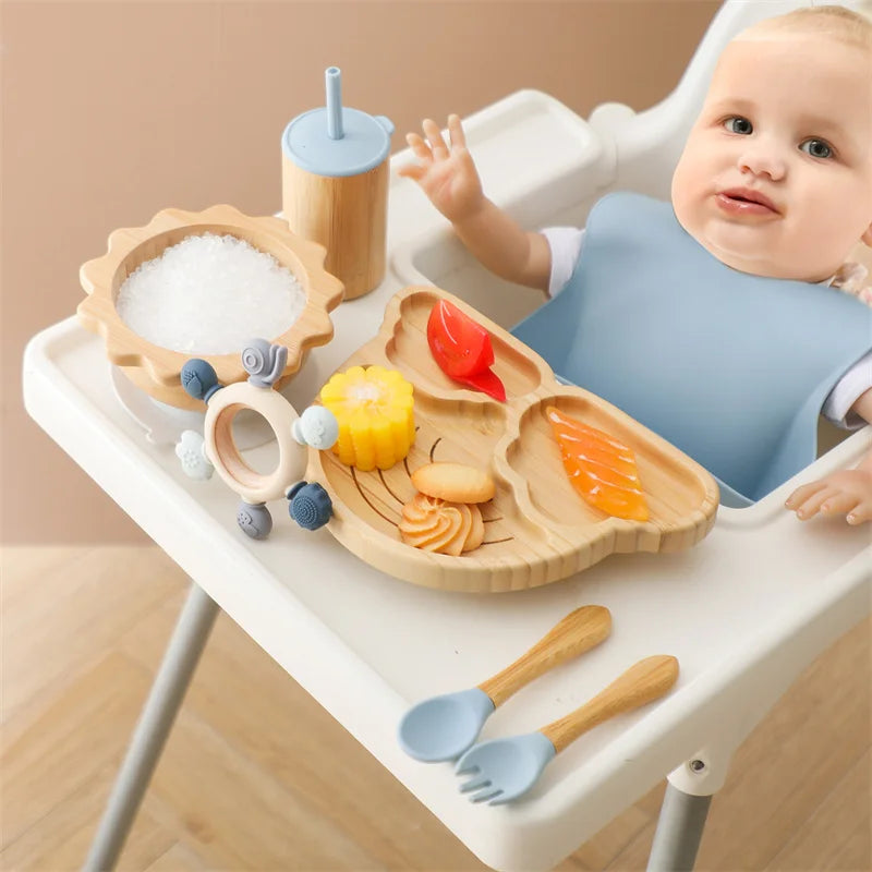 Eco-Friendly 7-Piece Bamboo & Silicone Baby Feeding Set - Safe, Non-Toxic Dinnerware for Kids