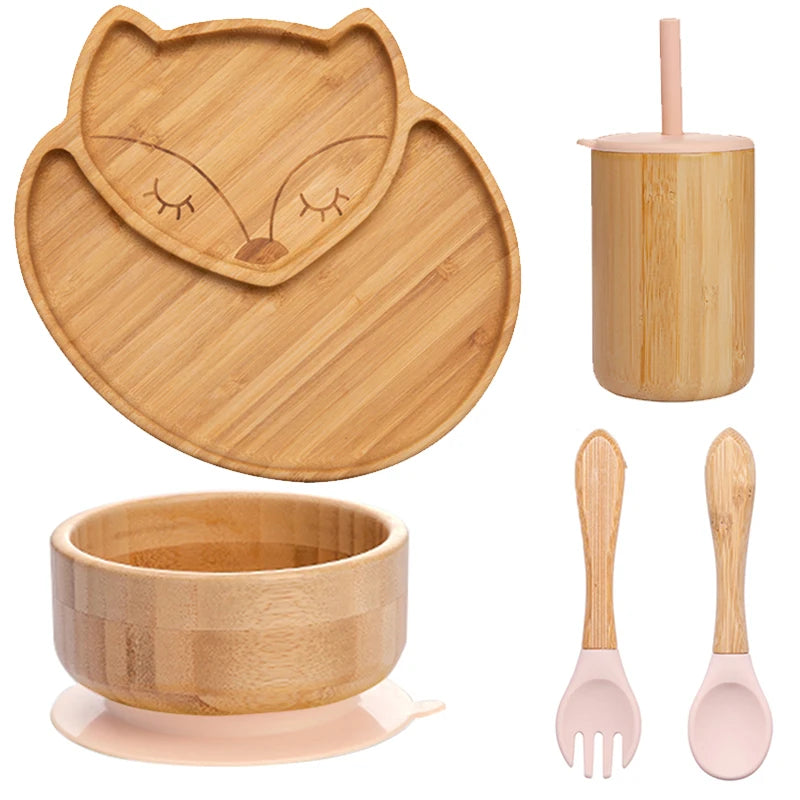 Bopoobo 5-Piece Bamboo Baby Tableware Set - BPA Free, Suction Plates, Eco-Friendly, Perfect for Weaning!