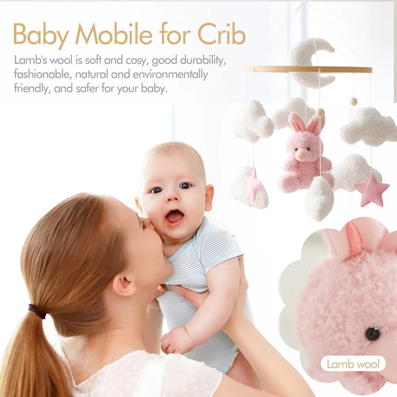 Baby Crib Mobile Pink Rabbit – Soft Felt Rattle Toy for Newborns
