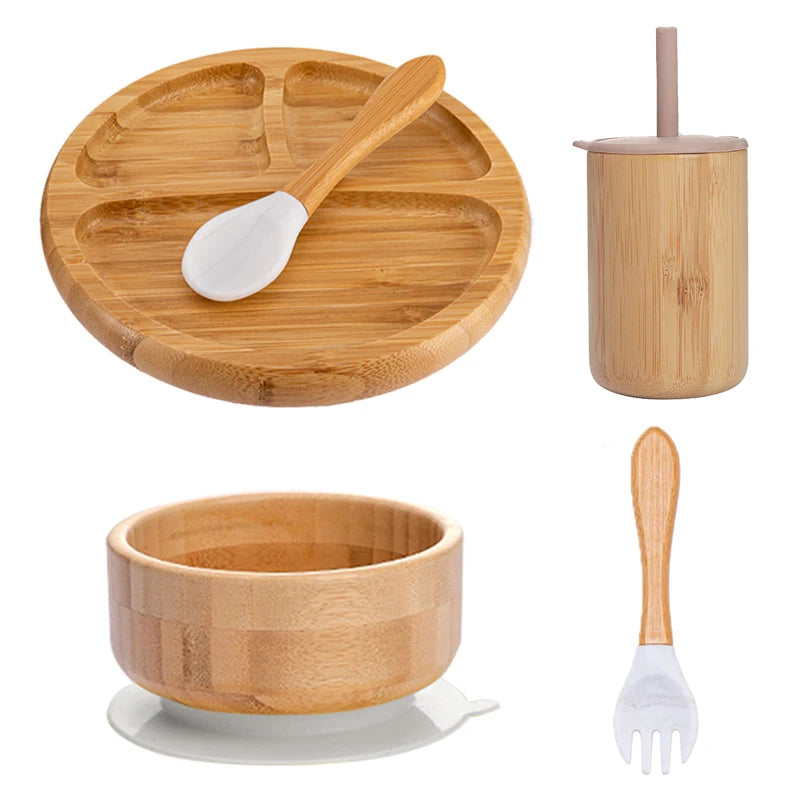 Bopoobo 5-Piece Bamboo Baby Tableware Set - BPA Free, Suction Plates, Eco-Friendly, Perfect for Weaning!