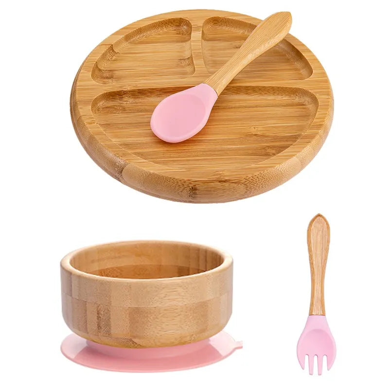 Bamboo Kids Tableware Set – 4pcs Suction Plate, Bowl & Utensils