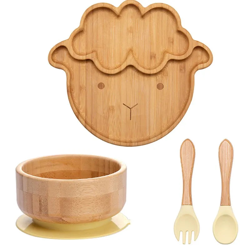 Bamboo Kids Tableware Set – 4pcs Suction Plate, Bowl & Utensils