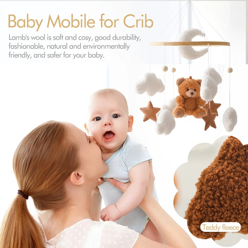 Wooden Baby Mobile – Bear, Moon & Stars Crib Toy | Soft Felt