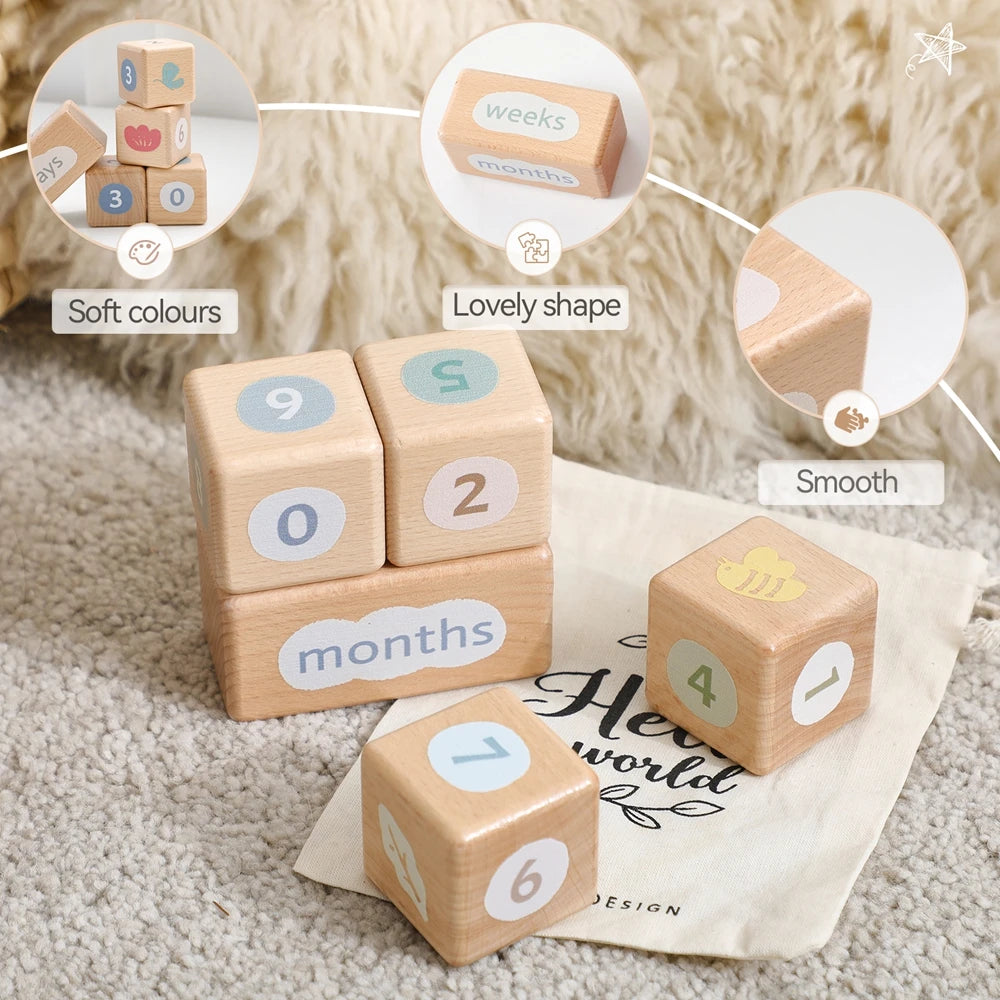 Wooden Baby Milestone Blocks – Engraved Beech Newborn Photo Props