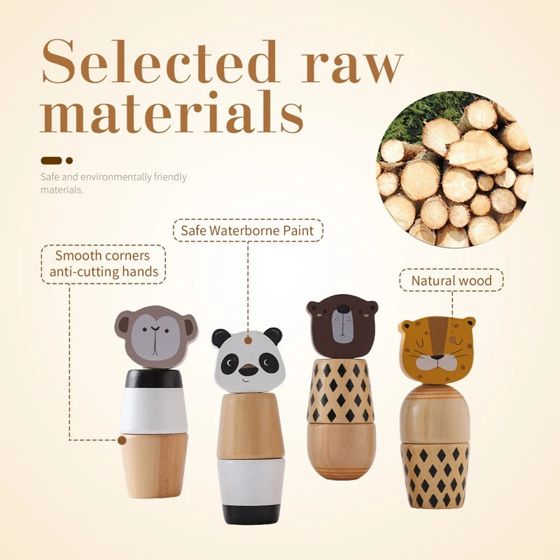 Wooden Montessori Bear Toy – Educational Cartoon Animal Rattle