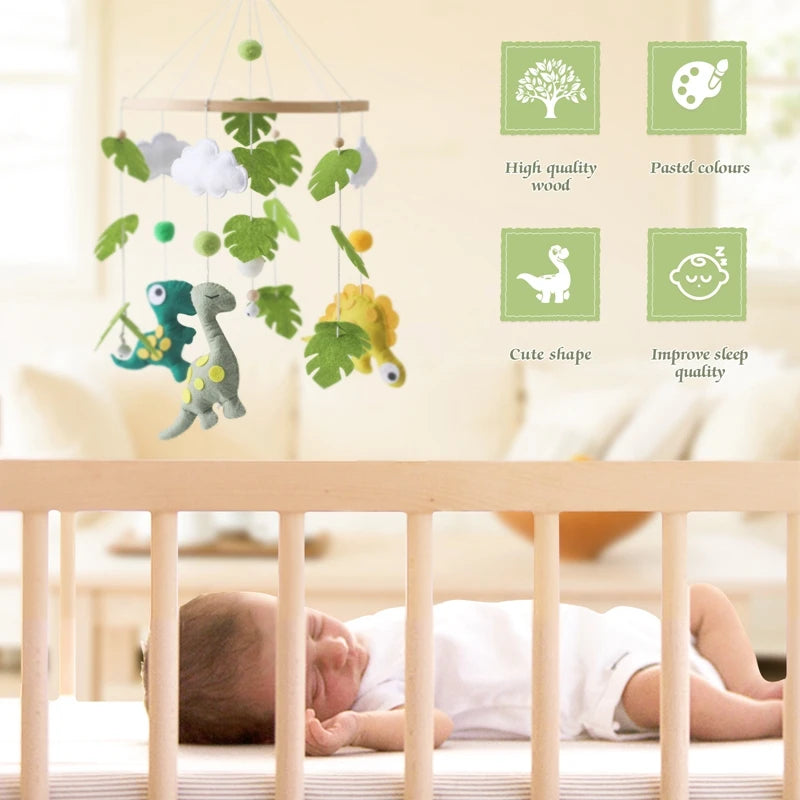 Wooden Dinosaur Baby Crib Mobile – Soft Felt Rattle Toy Gift
