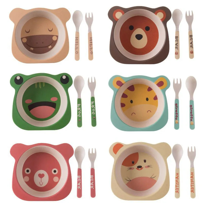 Eco-friendly bamboo fiber baby tableware set with cartoon animal plates, bowls, spoons, and forks, 3-piece dinnerware for toddlers.