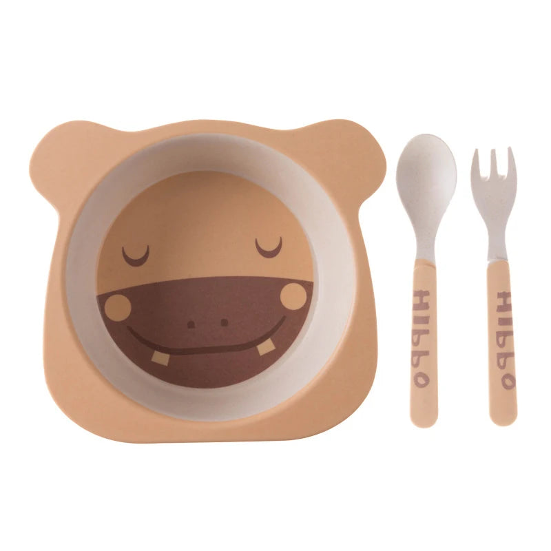 Eco-Friendly Bamboo Fiber Cartoon Tableware Set - 3pcs Baby Dinnerware with Plate, Bowl, Spoon & Fork