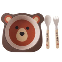Eco-Friendly Bamboo Fiber Cartoon Tableware Set - 3pcs Baby Dinnerware with Plate, Bowl, Spoon & Fork