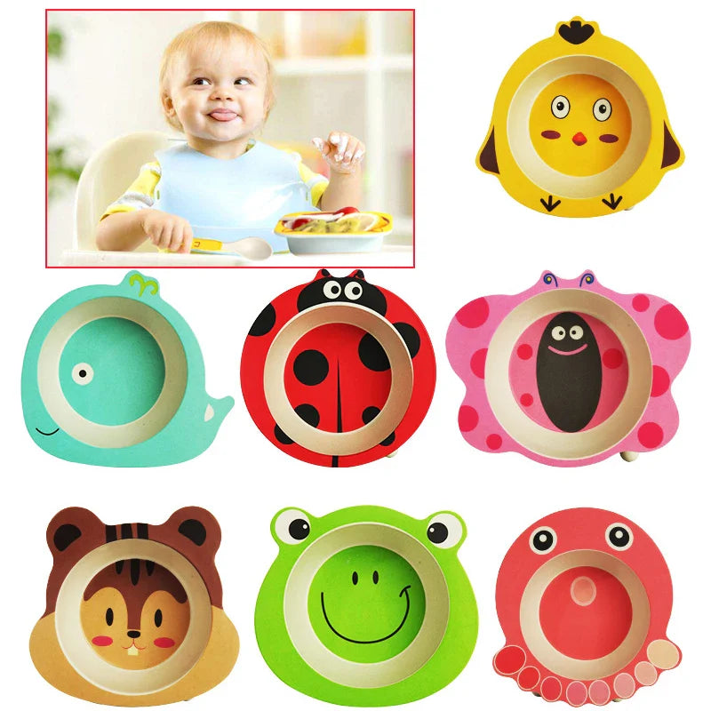 Set of colorful bamboo baby bowls with cute animal designs including duck, whale, ladybug, butterfly, tiger, frog, and octopus, ideal for safe and fun kids' tableware.