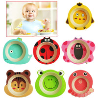 Set of colorful bamboo baby bowls with cute animal designs including duck, whale, ladybug, butterfly, tiger, frog, and octopus, ideal for safe and fun kids' tableware.