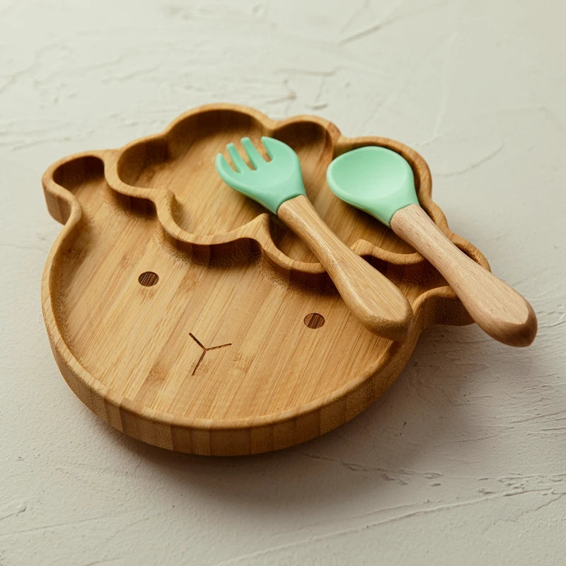 3-Piece Cartoon Bamboo Baby Feeding Set: Non-slip Plate, Spoon & Fork for Self-Feeding