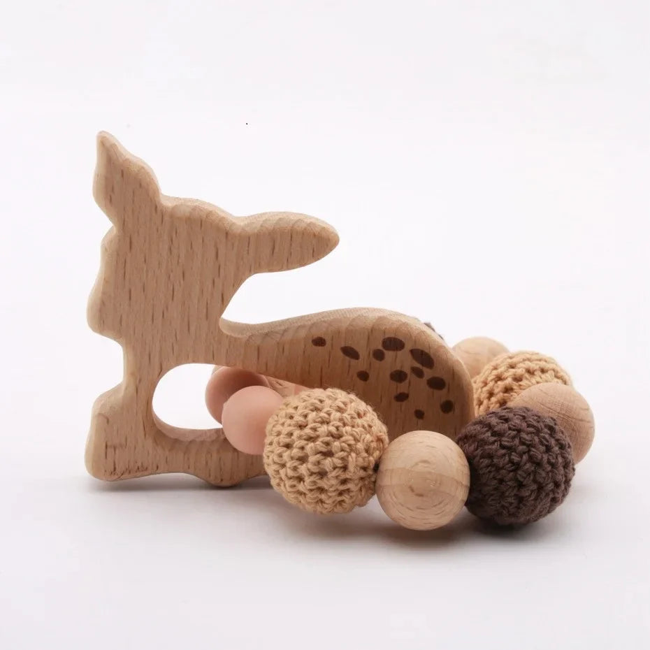 Wooden Sika Deer baby teether rattle with crochet and silicone beads for safe sensory play