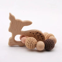 Wooden Sika Deer baby teether rattle with crochet and silicone beads for safe sensory play