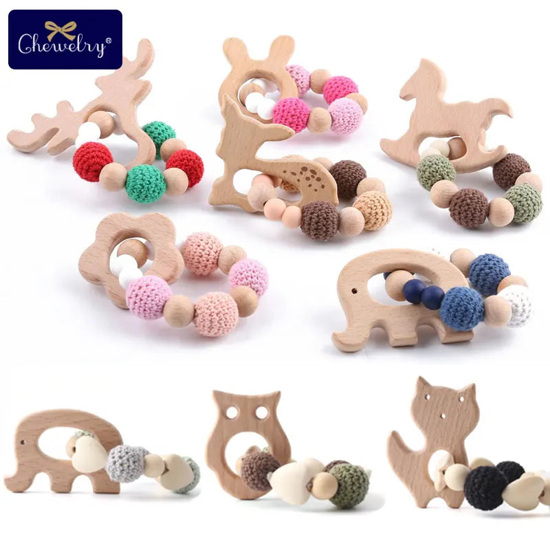 Wooden Sika Deer Baby Teether Rattle – Safe Natural Beech Toy