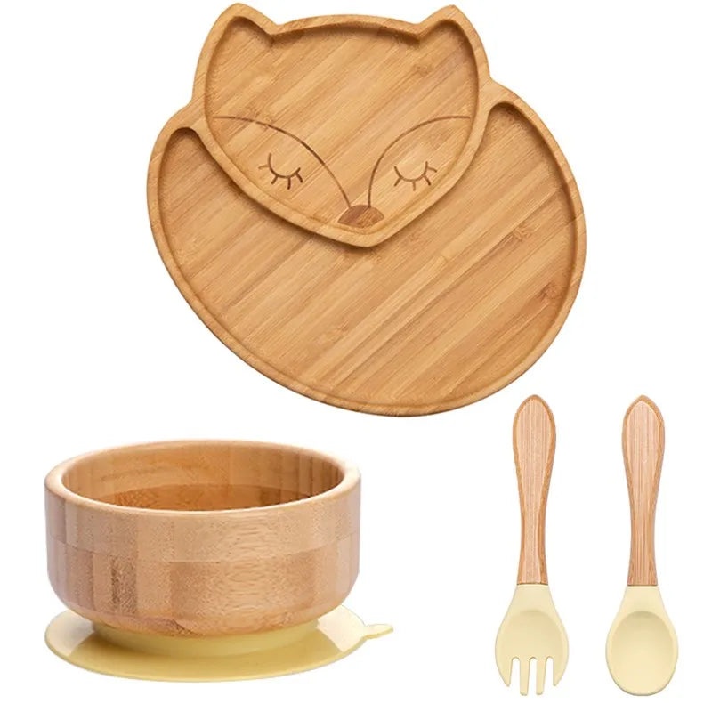 Bamboo Kids Tableware Set – 4pcs Suction Plate, Bowl & Utensils