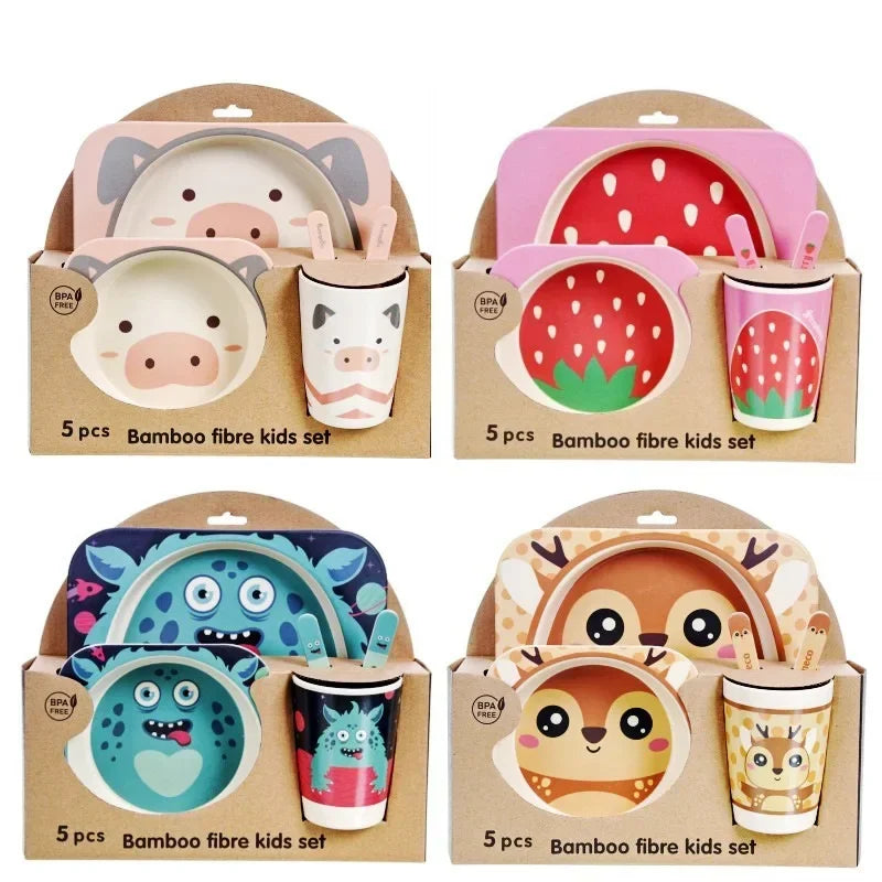 Bamboo Kids Tableware Set – Eco-Friendly Cartoon 5-Piece Gift