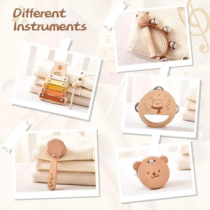 Montessori Wooden Musical Toys for Kids – Drum, Xylophone, Rattle
