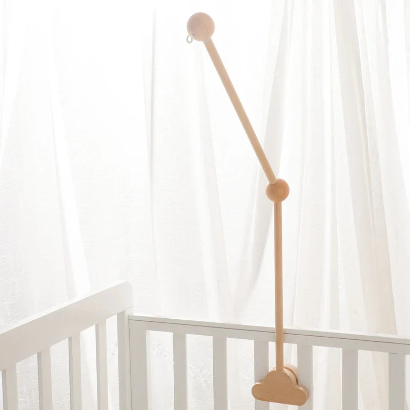 Wooden baby crib mobile arm with geometric cloud-shaped holder for hanging rattles and musical toys
