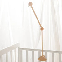 Wooden baby crib mobile arm with geometric cloud-shaped holder for hanging rattles and musical toys