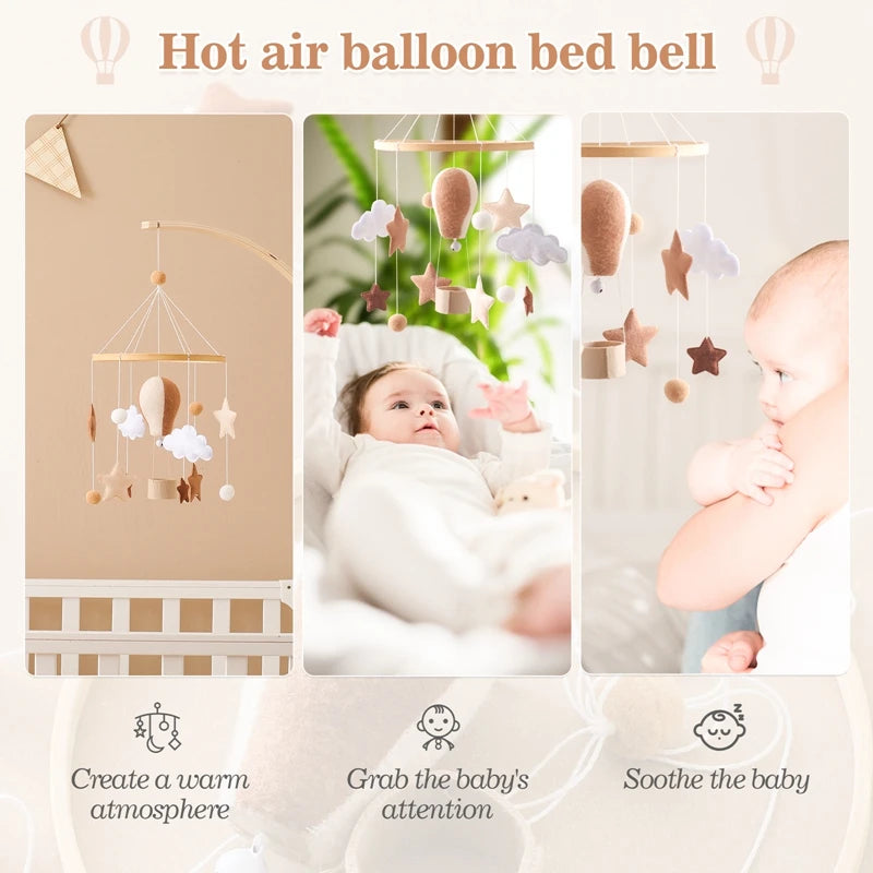 Wooden Baby Crib Mobile – Soft Felt Balloon Rattle Toy with Music
