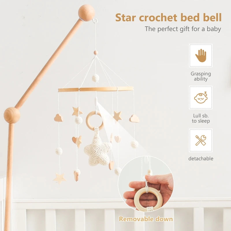 Wooden Baby Crib Mobile – Crochet Stars Bed Bell Rattle Toy