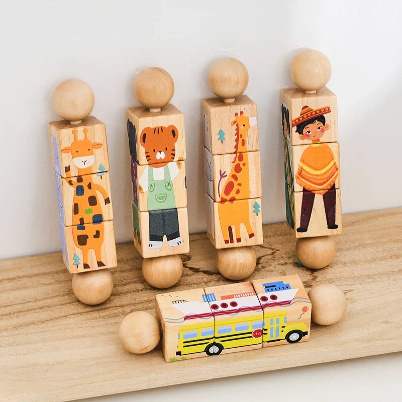 Baby Wooden Rattle Montessori toy with rotating cartoon puzzle blocks for sensory play and early learning